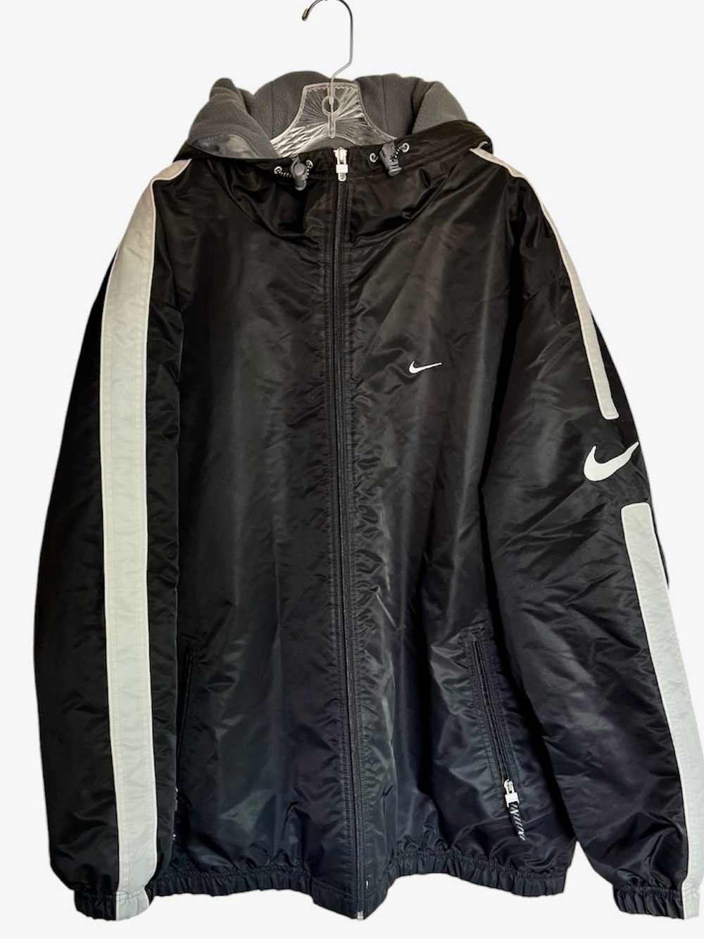 Nike Vintage Black Hooded Windbreaker with White Stripe Accents. Extra Large